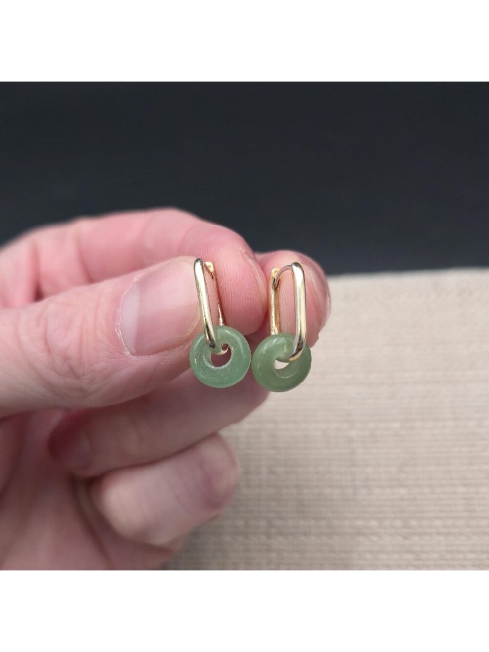 Gold Plated Sterling Silver Green Jade Donut Huggie Hoop Earrings A8881